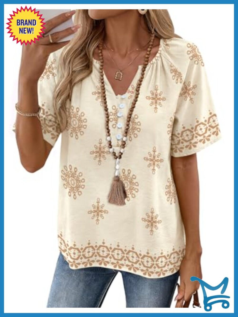 Womens Boho Peasant Top V-Neck Short Sleeve Button Down Blouse